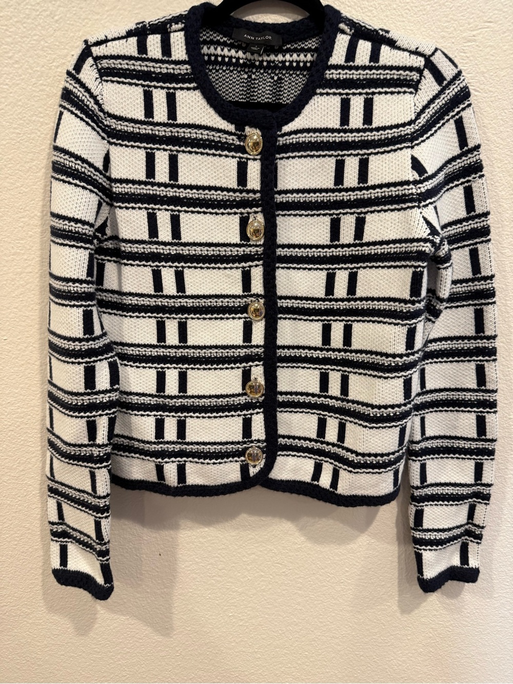 ANN TAYLOR Striped Knit  Cardigan Sweater Size S Gold Buttons White and Blue - Picture 3 of 9